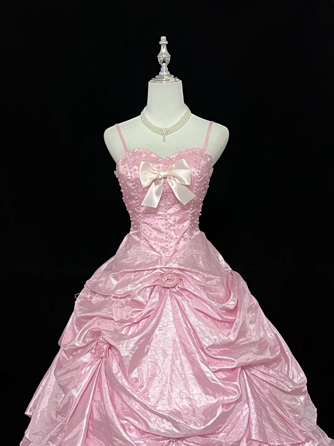 Pink Spaghetti Strap Cinched Waist Vintage Royal Voluminous Skirt Long Romantic Dress, Wedding Gown gh7941