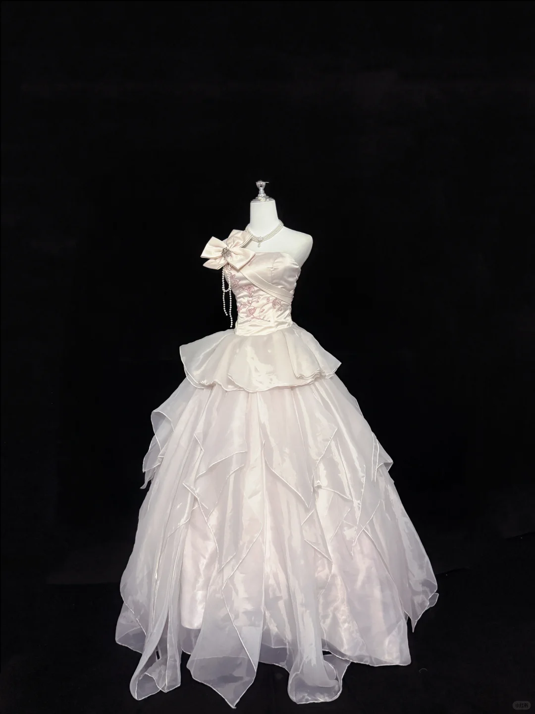Blush Pink Satin Strapless Cinched Waist Multi-Layer Voluminous Skirt Long Romantic Dress, Wedding Gown gh7855