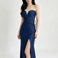 Navy Blue Strapless Waist-Cinched Slim Slit Sexy Prom Evening Gown gh7218