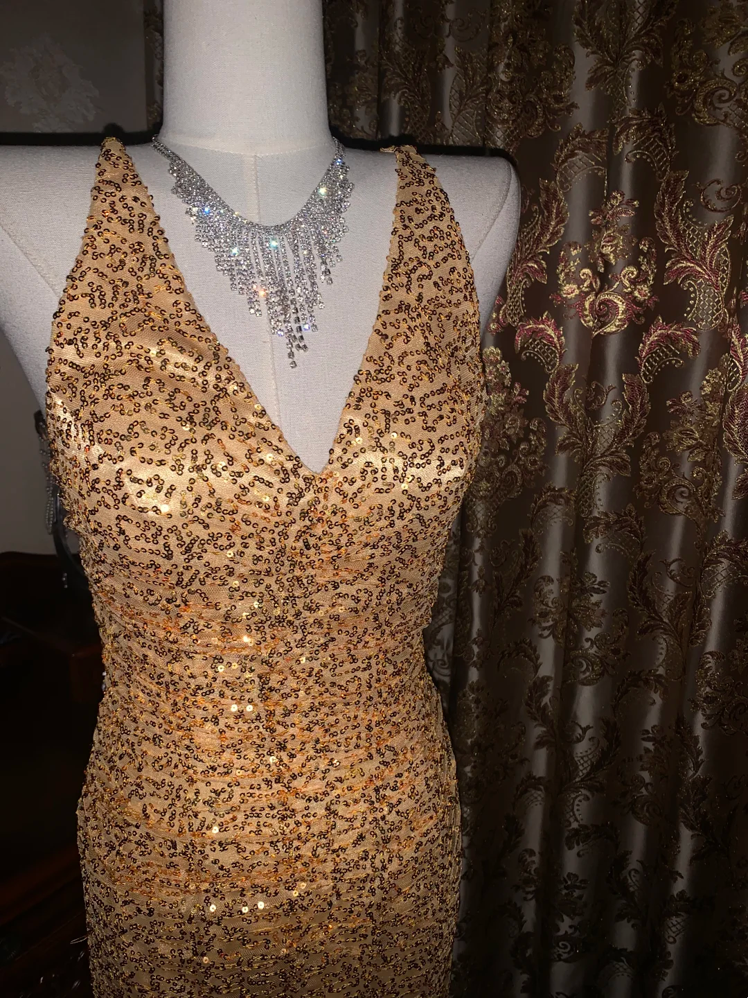 Gold Sequin Spaghetti Strap Fitted Waist Slim Sexy Prom Gown, Evening Dress, Graduation Prom Dress gh7262