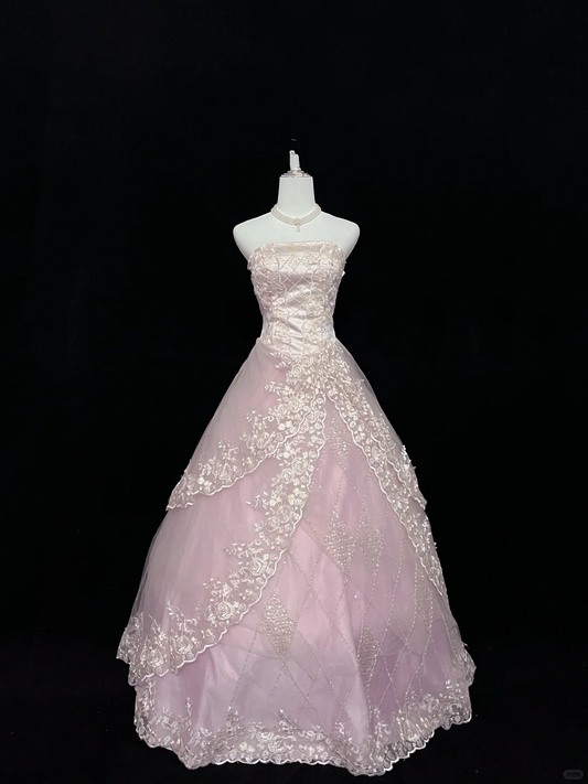 Blush Pink Gradient Strapless Cinched Waist Voluminous Lace Skirt Long Romantic Dress, Wedding Gown gh8027