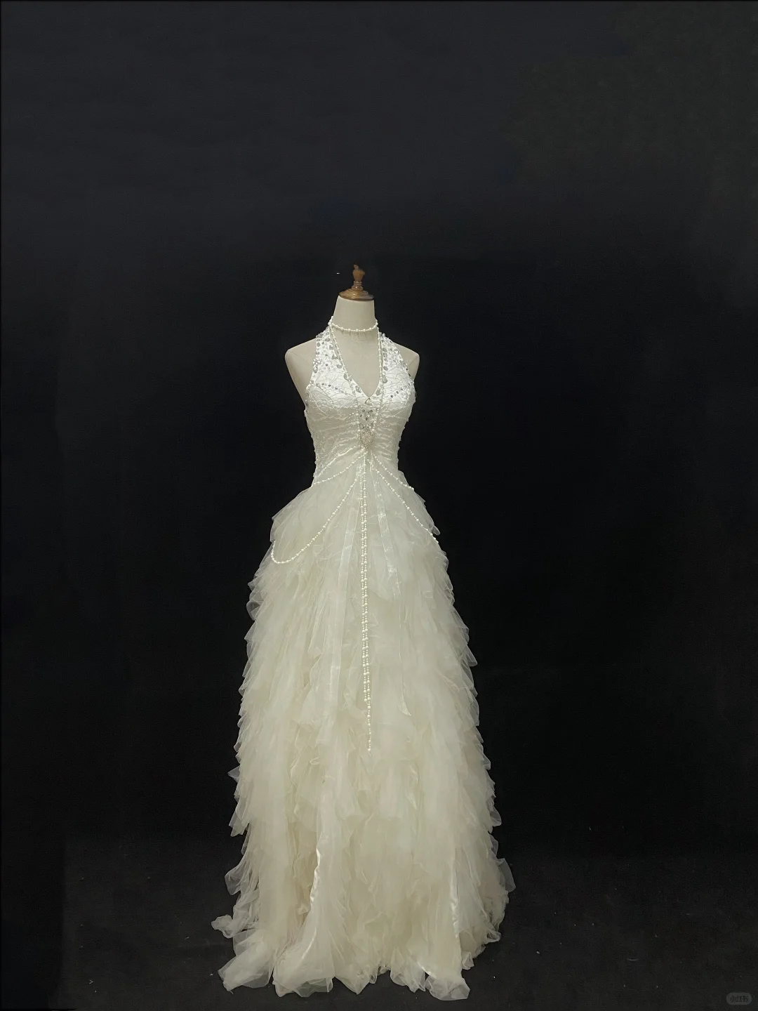 Off White Halter Romantic Gown, Rhinestone Embellishments, Cinched Waist, Fluffy Lovely Skirt, Wedding Dress & Bridal Gown gh8161