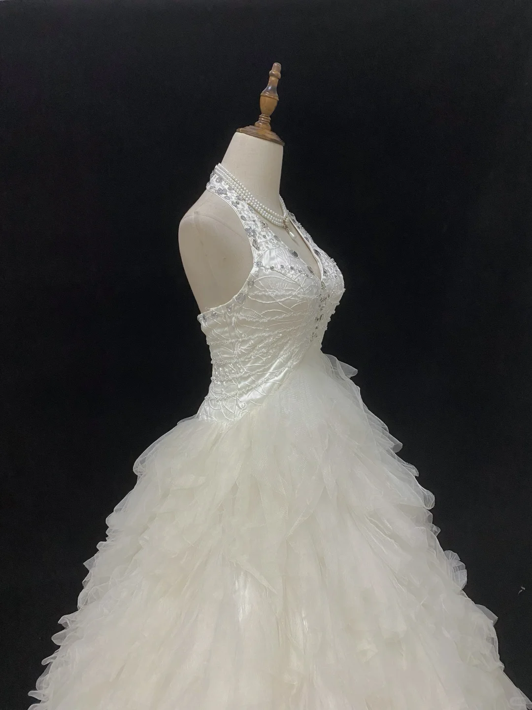 Off White Halter Romantic Gown, Rhinestone Embellishments, Cinched Waist, Fluffy Lovely Skirt, Wedding Dress & Bridal Gown gh8161