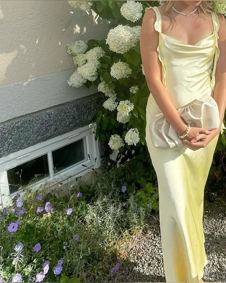 💛🍋Gelbes, modisches, elegantes, langes, schmal geschnittenes Ballkleid aus Satin mit Rüschen, Abendkleid, Gartenpartykleid, Abschlussballkleid, Ballkleid, Partykleid für Hochzeitsgäste, Brautjungfernkleid gh3984