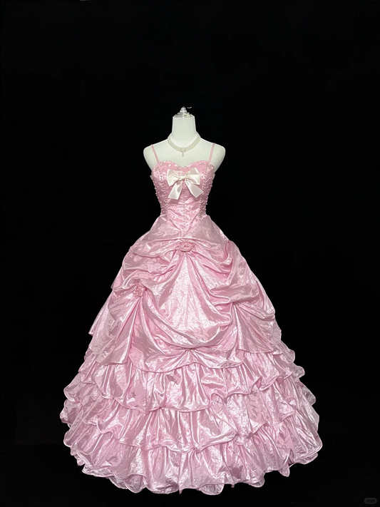 Pink Spaghetti Strap Cinched Waist Vintage Royal Voluminous Skirt Long Romantic Dress, Wedding Gown gh7941