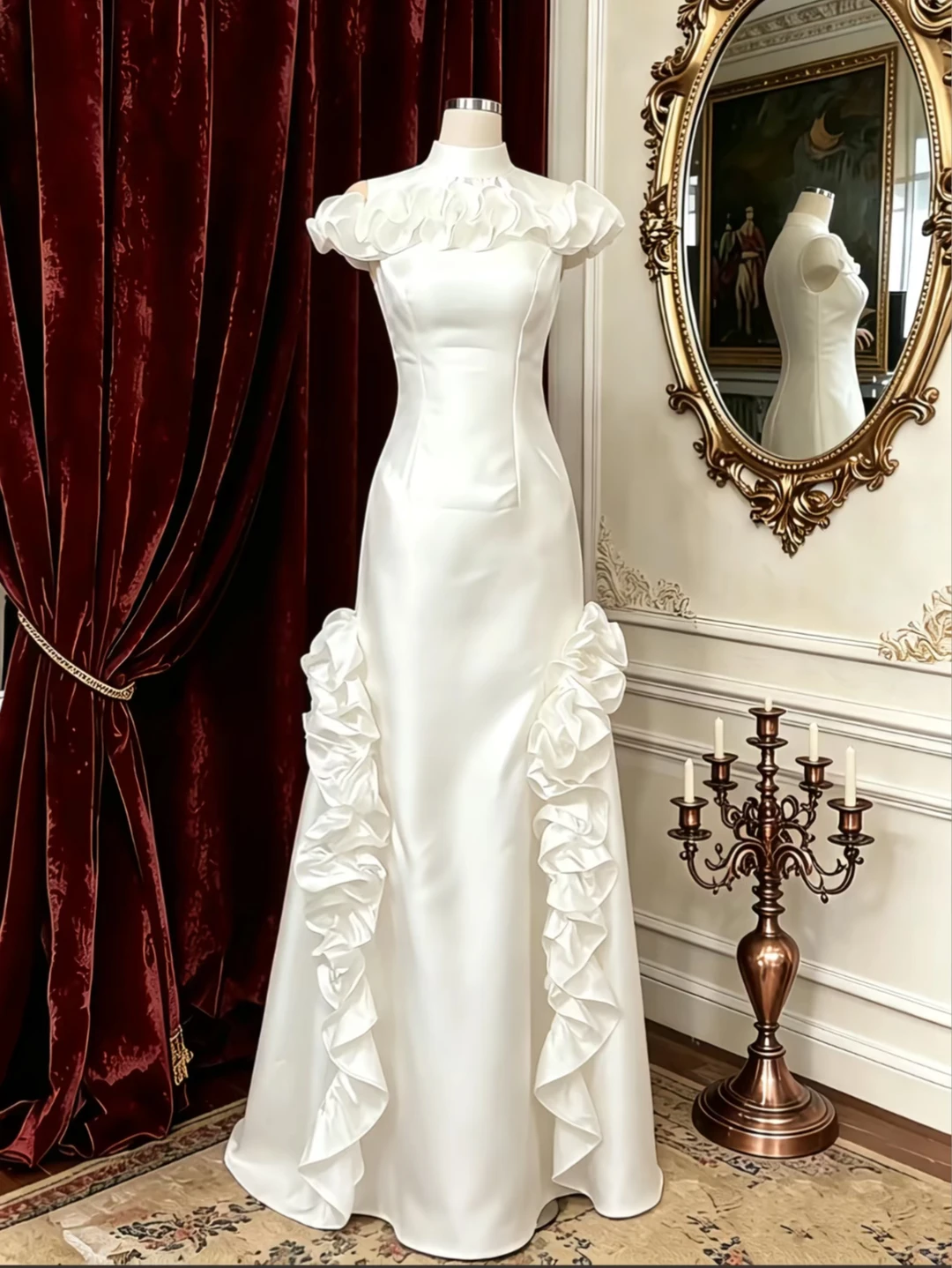 White High Neck Waist-Cinched Fitted Lace Trim Skirt Elegant Evening Dress, Fairy Gown, Romantic Gown gh7487