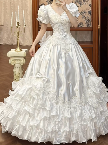 White Vintage Satin Ball Gown Wedding Prom Dress, V‑Neck Puff Sleeves, 3D Flowers Bows, Multi‑Tier Ruffle Cake Hem gh8713