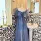 Dusty Blue Off-the-Shoulder Waist-Cinched Long Vintage Romantic Gown gh7553