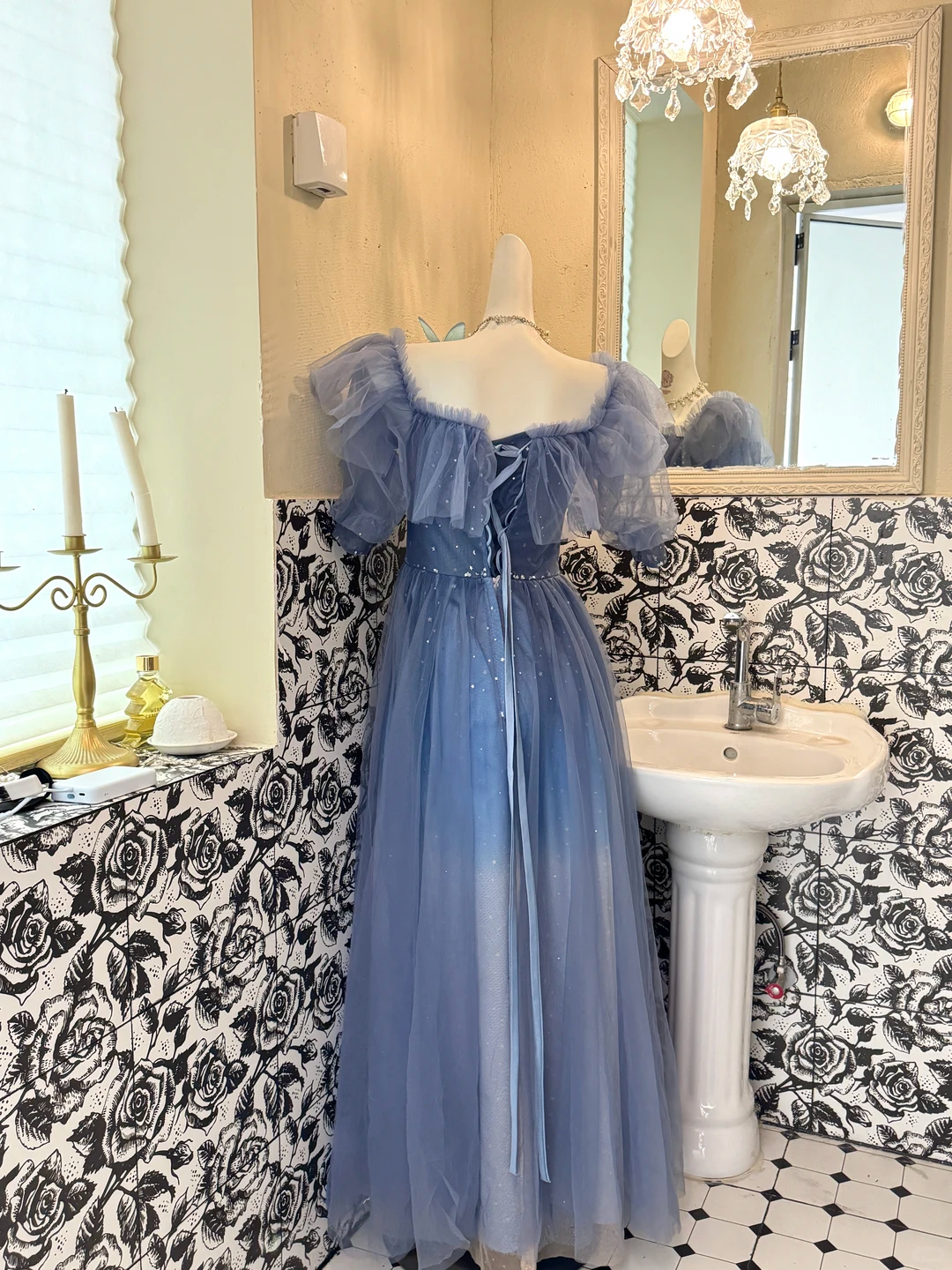 Dusty Blue Off-the-Shoulder Waist-Cinched Long Vintage Romantic Gown gh7553