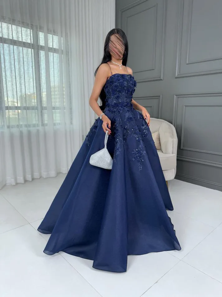 Navy Blue Strapless Ball Gown with 3D Floral Appliques & Beading, Floor-Length Prom Dress for Formal Wedding & Evening Events gh7098