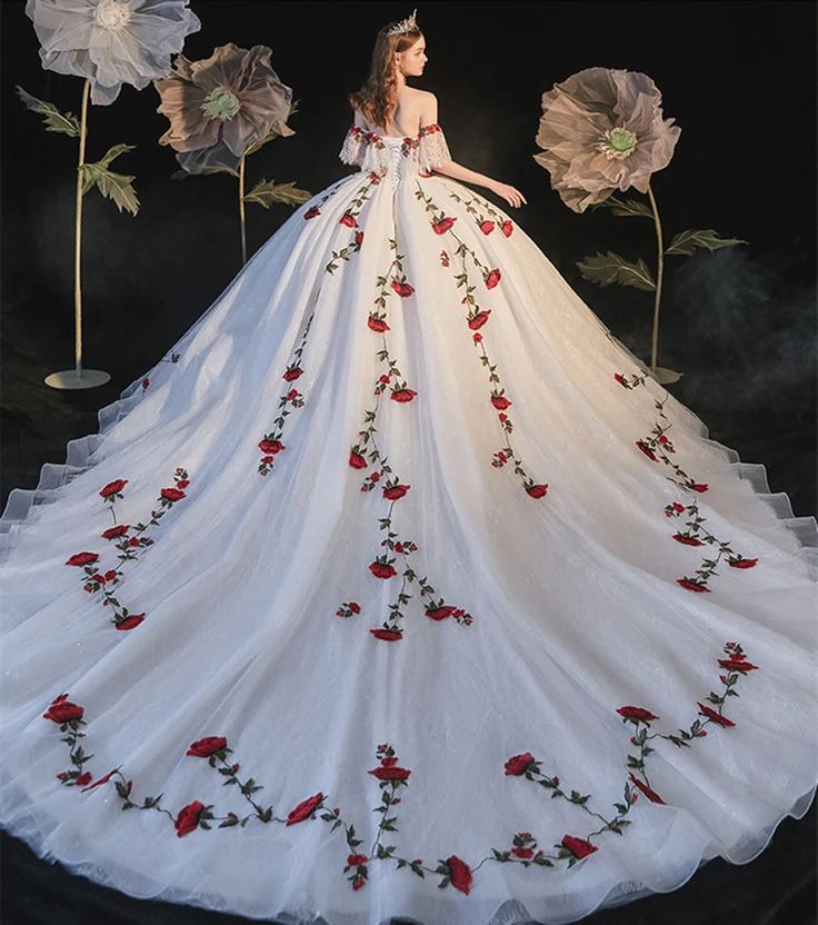 White gorgeous delicate rose applique long A-line tulle ball gown evening gown wedding dress gh3341