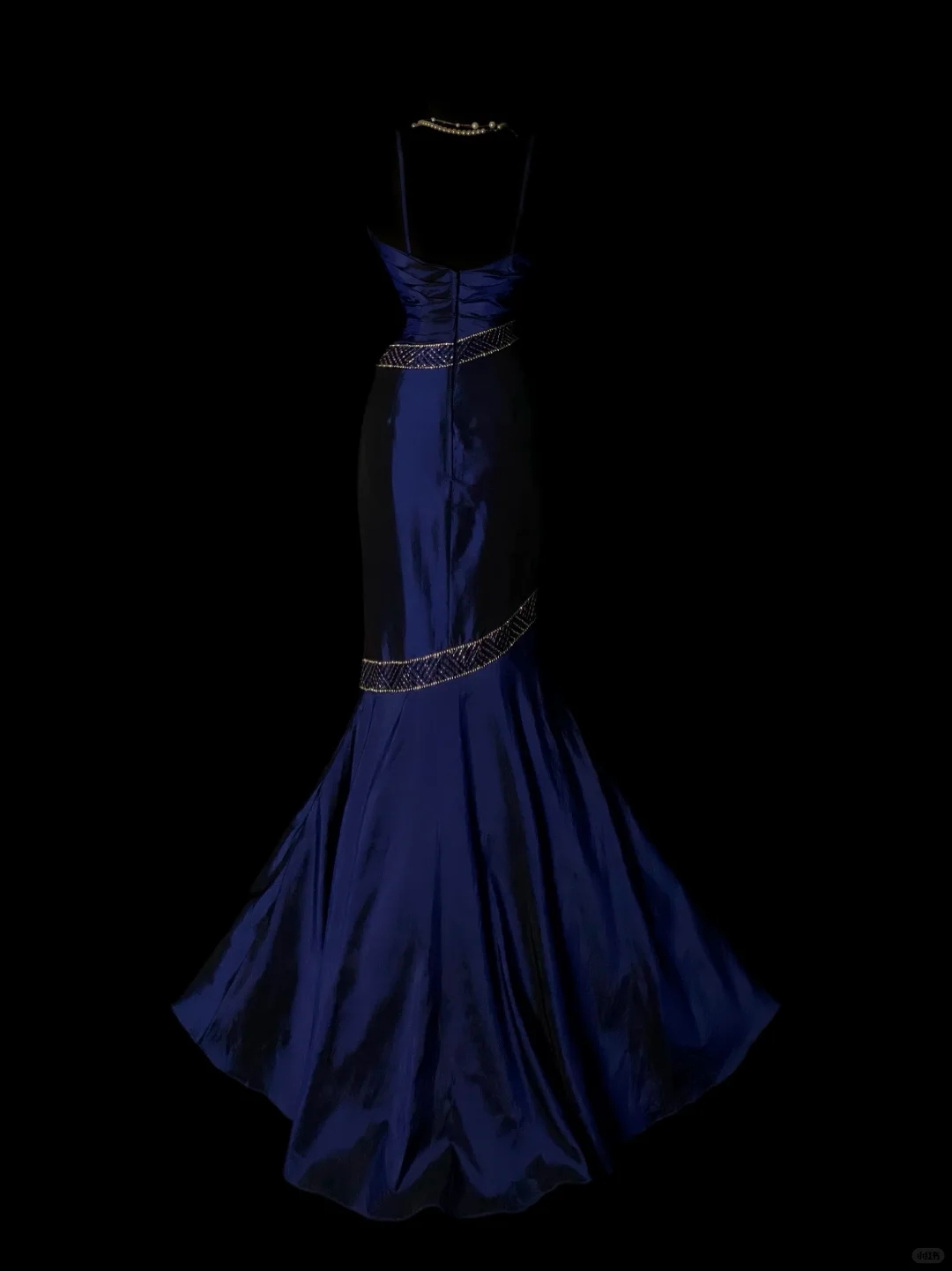 Navy Blue Vintage Satin Mermaid Evening Gown, Spaghetti Strap Sweetheart Neck, Beaded Rhinestone Bodice, Gold Beaded Trim On Waist & Skirt, Floor‑Length Mermaid Prom Dress gh8892