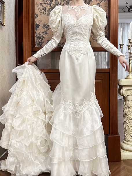 Ivory Vintage Satin Mermaid Wedding Prom Dress, Sheer Illusion Sweetheart, Leg‑of‑Mutton Puff Sleeves, Floral Lace Appliqués, Multi‑Tier Ruffled Cake Train gh8689