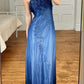 Robe de soirée longue en satin et tulle, élégante, style rétro, bleu, vintage, bretelles spaghetti, perles, robe de bal, gh3895
