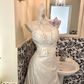White Halter Lace Waist-Cinched Pleated Figure-Flattering A-Line Skirt Long Romantic Dress, Wedding Gown gh7769