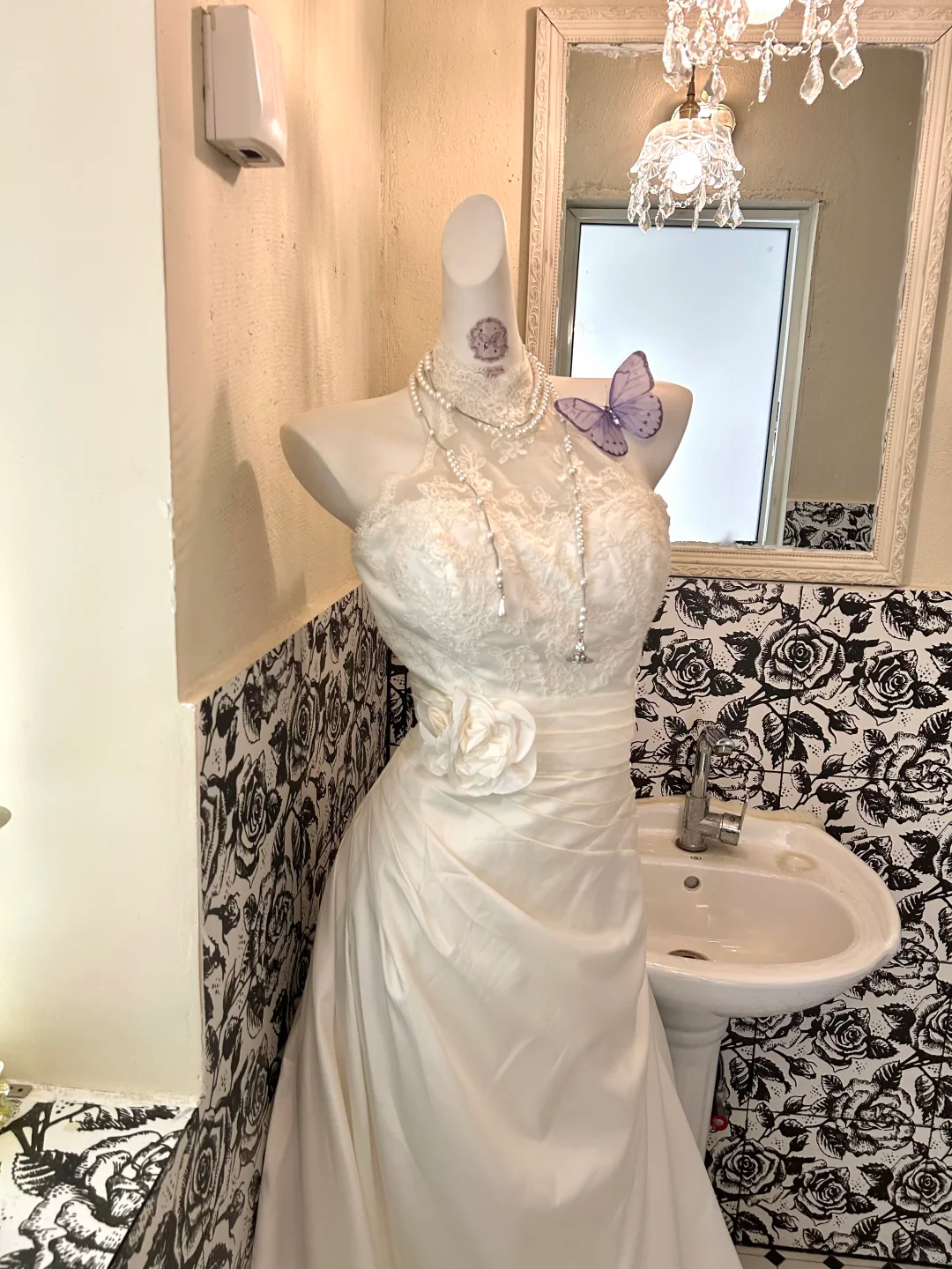 White Halter Lace Waist-Cinched Pleated Figure-Flattering A-Line Skirt Long Romantic Dress, Wedding Gown gh7769