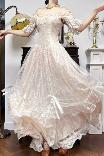 Light Apricot Vintage Off‑Shoulder Lace Ball Gown, Evening Prom Dress With Bows gh8741