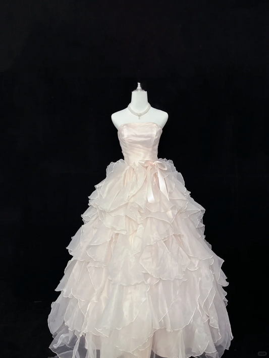 Blush Pink Strapless with Bow, Cinched Waist, Voluminous Tiered Skirt Long Romantic Dress, Wedding Gown gh8078