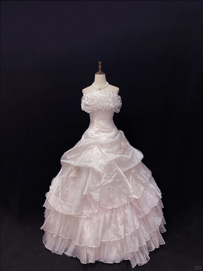 Blush Pink Strapless Elegant Romantic Gown, Cinched Waist, Voluminous Tiered Skirt, Wedding Dress & Bridal Gown gh8117