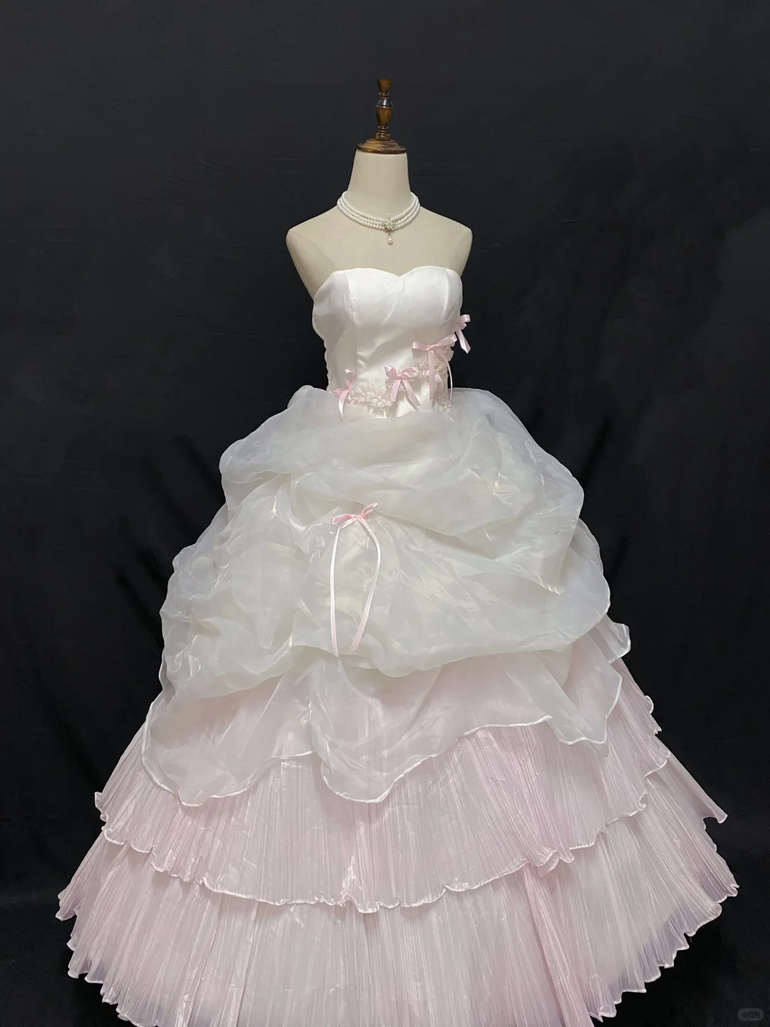 White Strapless Long Romantic Gown, Cinched Waist, Pink Voluminous Princess Skirt, Wedding Dress & Bridal Gown gh8247