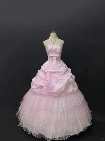Blush Pink Strapless Vintage Romantic Gown with Embroidery, Cinched Waist & Voluminous Skirt, Wedding Dress & Bridal Gown gh8202