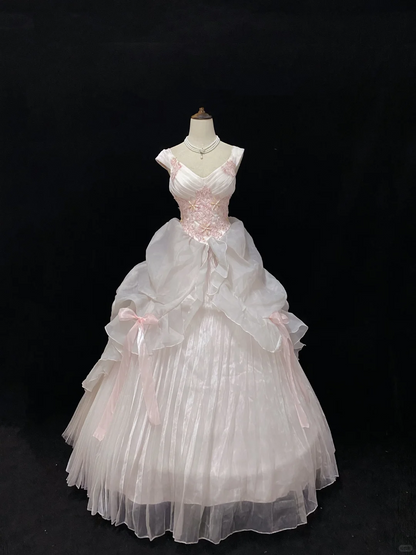 Blush Pink Spaghetti Strap Romantic Gown with Embroidery, Cinched Waist & Vintage Voluminous Princess Skirt, Wedding Dress & Bridal Gown gh8162