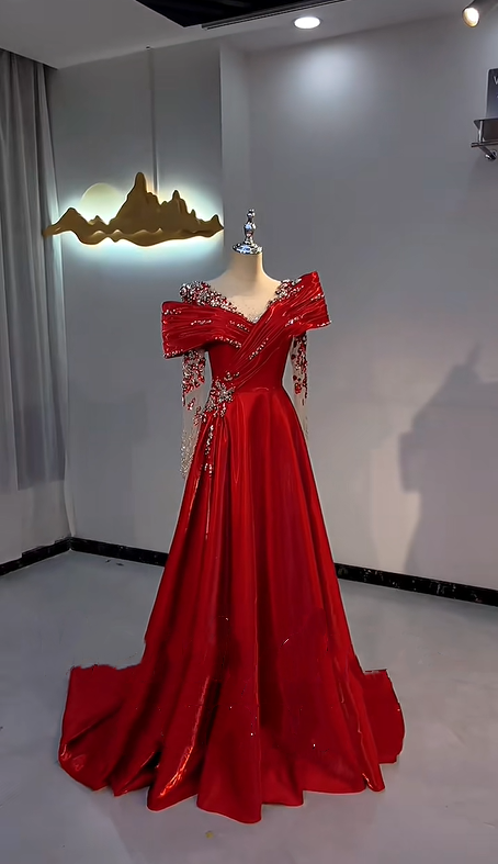 Red Asymmetric Rhinestone Neckline Waist-Cinched Fitted Long Evening Dress, Fairy Gown, Romantic Gown gh7411
