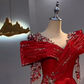 Red Asymmetric Rhinestone Neckline Waist-Cinched Fitted Long Evening Dress, Fairy Gown, Romantic Gown gh7411