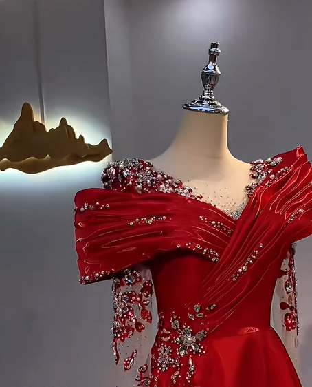 Red Asymmetric Rhinestone Neckline Waist-Cinched Fitted Long Evening Dress, Fairy Gown, Romantic Gown gh7411