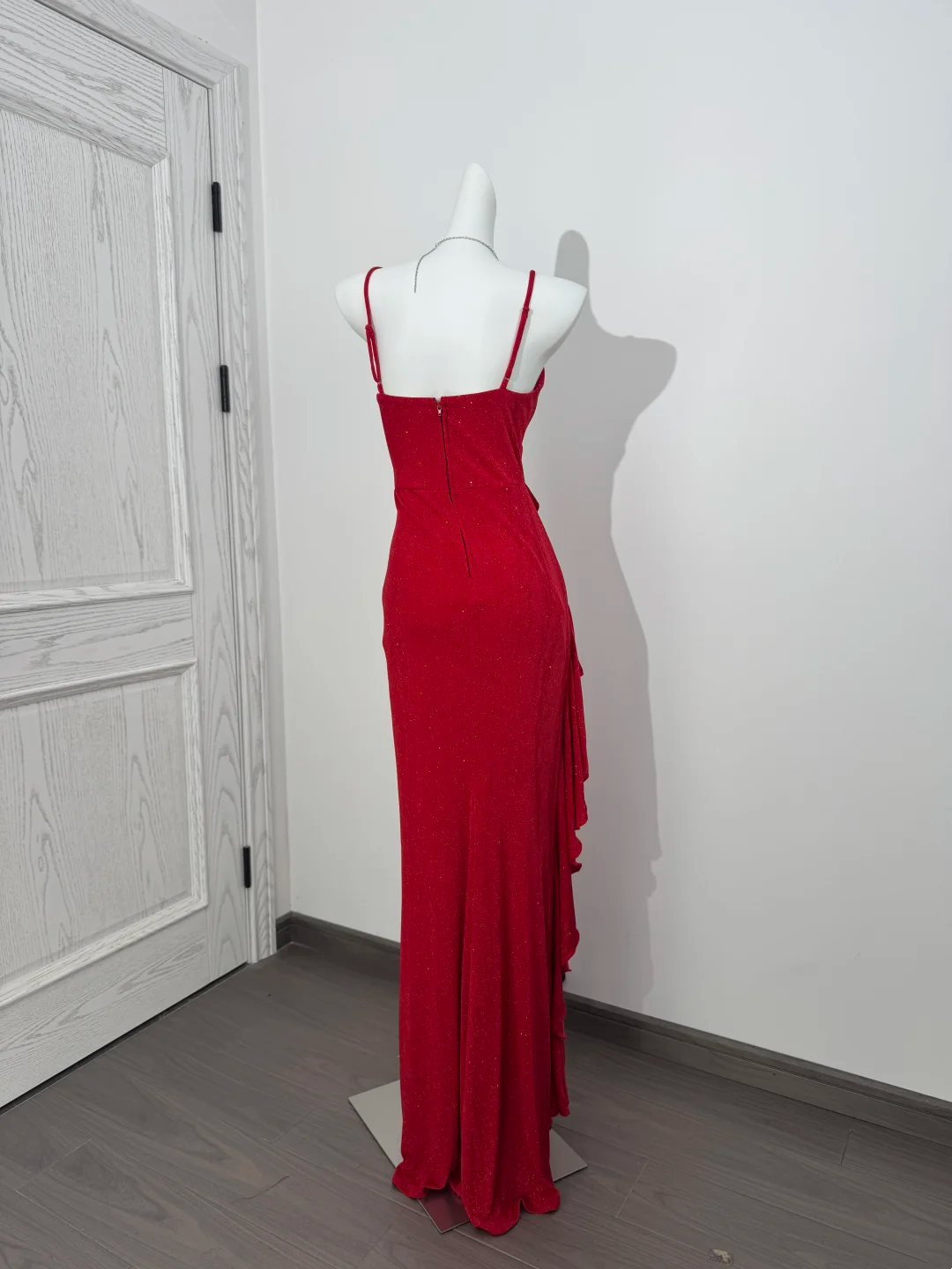 Red Spaghetti Strap Waist-Cinched Bodycon High Slit Sexy Prom & Evening Gown gh7219