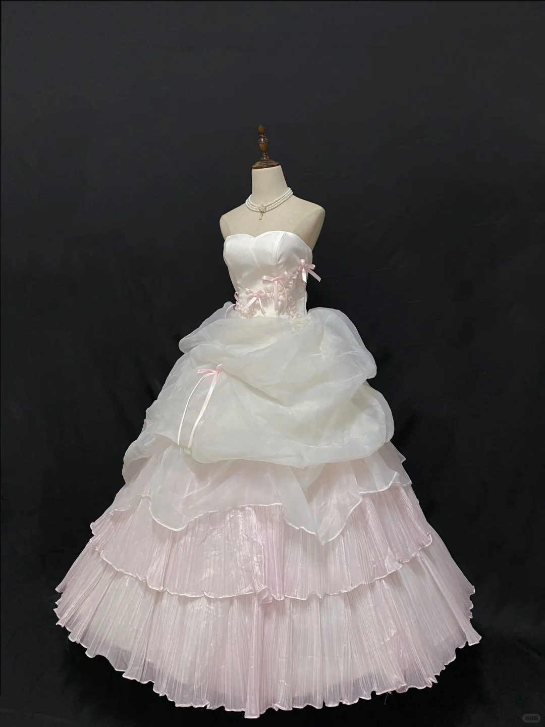 White Strapless Long Romantic Gown, Cinched Waist, Pink Voluminous Princess Skirt, Wedding Dress & Bridal Gown gh8247