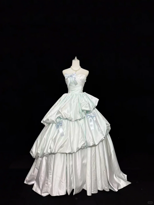 Sage Green Satin Premium Strapless Cinched Waist Voluminous Skirt Long Romantic Dress, Wedding Gown gh7856