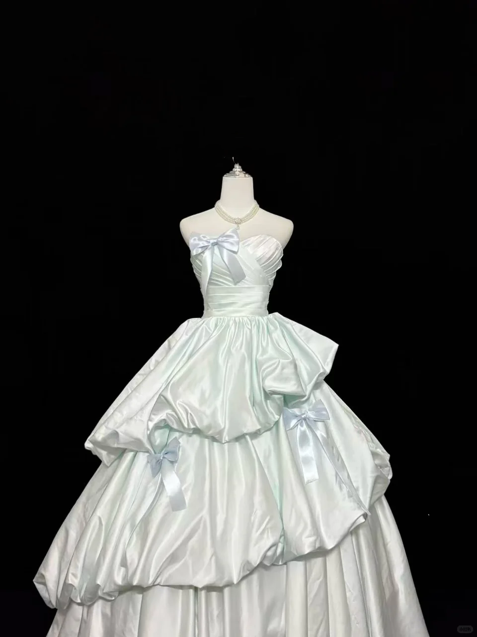 Sage Green Satin Premium Strapless Cinched Waist Voluminous Skirt Long Romantic Dress, Wedding Gown gh7856