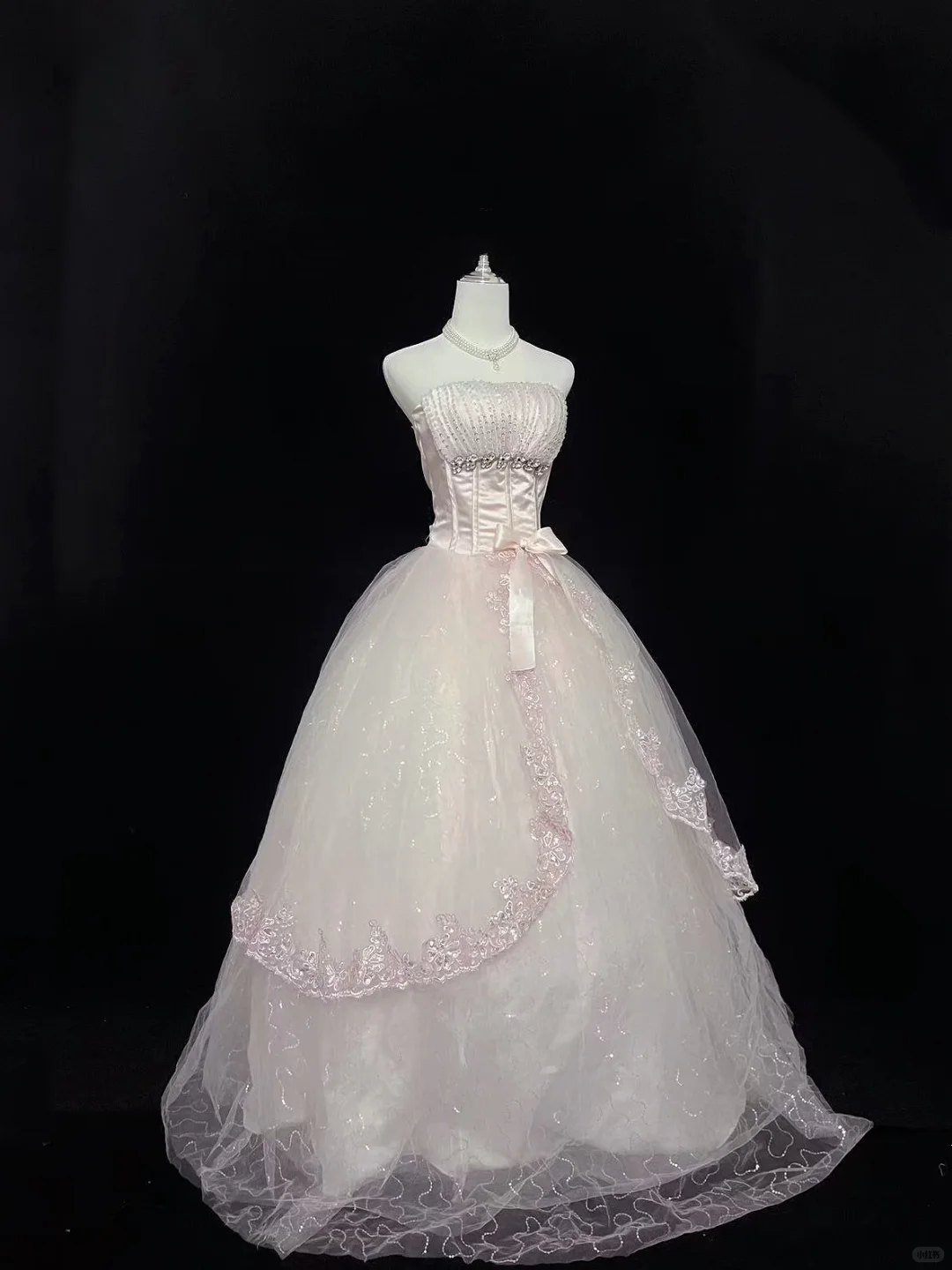 Blush Pink Strapless Rhinestone Cinched Waist Voluminous Princess Skirt Long Romantic Dress, Wedding Gown gh8028