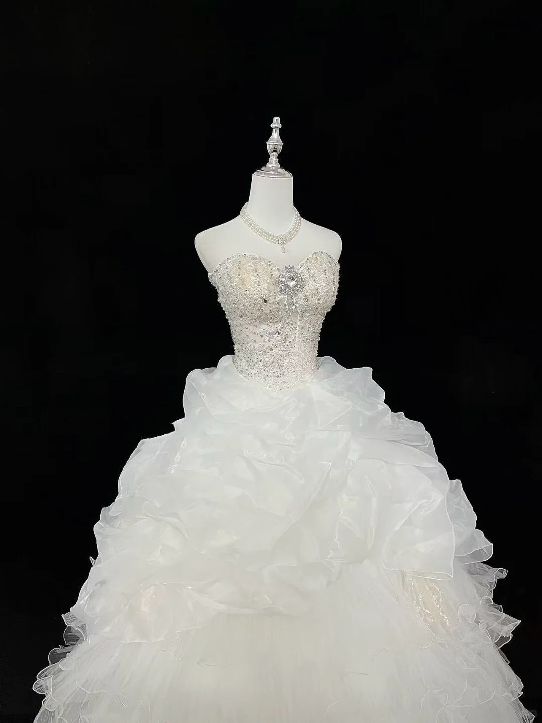 White Strapless Beaded Cinched Waist Voluminous Princess Skirt Romantic Dress, Wedding Gown gh7942