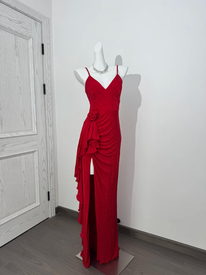 Red Spaghetti Strap Waist-Cinched Bodycon High Slit Sexy Prom & Evening Gown gh7219