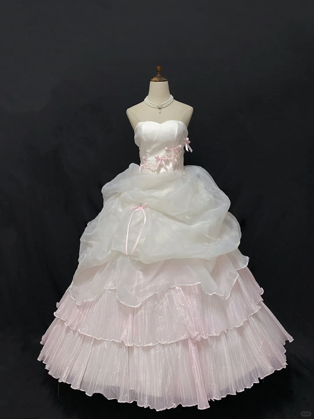 White Strapless Long Romantic Gown, Cinched Waist, Pink Voluminous Princess Skirt, Wedding Dress & Bridal Gown gh8247