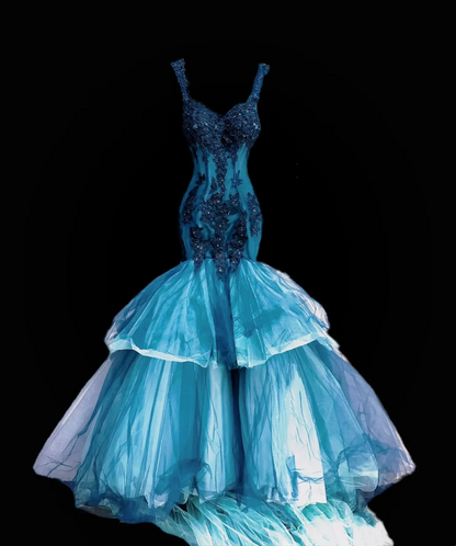 Peacock Blue Gradient Waist-Cinched Fitted Mermaid Skirt Prom & Evening Gown gh7339