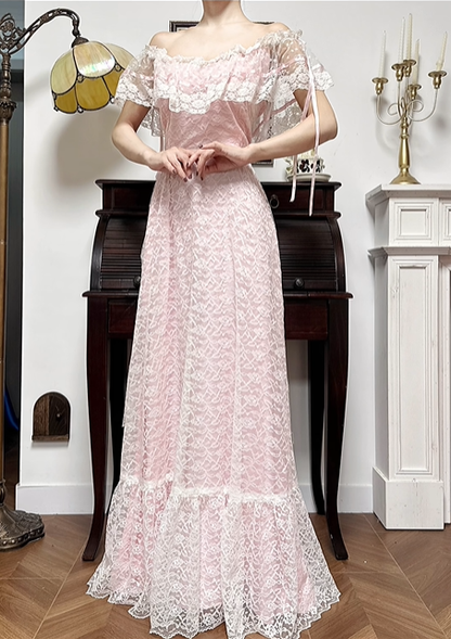 Light Pink Vintage Lace Prom Gown, Off‑The‑Shoulder Lace Ruffle Short Sleeves, Fitted Waist Long Lace Flared Skirt, Ruffled Lace Hem, Evening Prom Dress gh8737