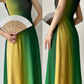Green‑Yellow Gradient Mesh Slip Maxi Gown, Square Neck, Contrast Braided Spaghetti Straps, Stretch Mesh Fabric, Fitted Straight Maxi Silhouette, Double‑Layer Sheer Mesh, Retro Vibe Vacation Prom Photoshoot Dress gh8860