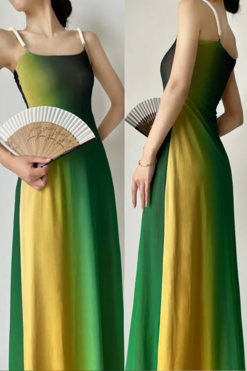 Green‑Yellow Gradient Mesh Slip Maxi Gown, Square Neck, Contrast Braided Spaghetti Straps, Stretch Mesh Fabric, Fitted Straight Maxi Silhouette, Double‑Layer Sheer Mesh, Retro Vibe Vacation Prom Photoshoot Dress gh8860