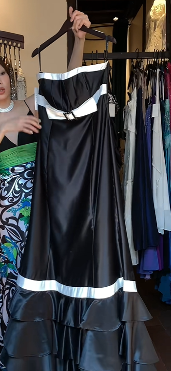 Black White Strapless Evening Gown Satin Contrast Trim Rhinestone Buckle Tiered Ruffle Long Formal Prom Dress gh9753