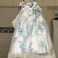Blue‑White Castle Print Spaghetti Strap Lolita Gown, Ruffled Square Neck, Black Ribbon Bows, Corset‑Style Bodice, Tiered Ruffle Waist Yoke, Tulle Layered Maxi Skirt, Lace Trim Party Dress gh8925