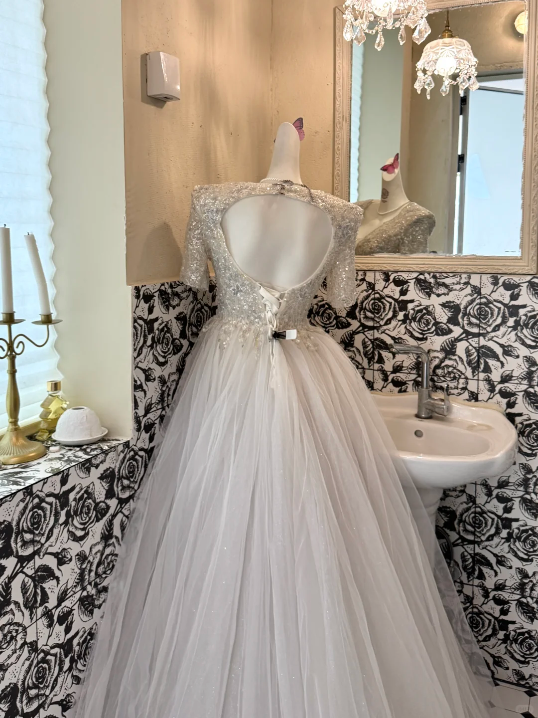 Ivory V-Neck Silver Sequin Waist-Cinched Fitted Elegant Sexy Full Flared Romantic Dress, Wedding Gown gh7533