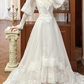 Ivory Vintage Tulle Wedding Prom Dress, V‑Neck Ruffled Lace Trim, Puff Lace Long Sleeves, Multi‑Tier Lace Bands, A‑Line Long Train gh8692