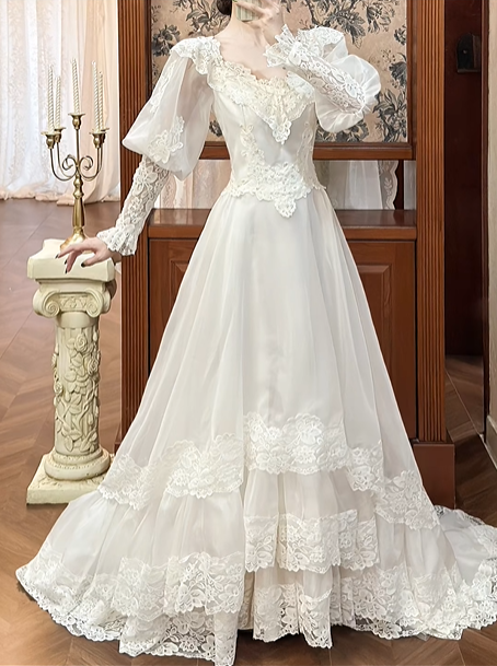 Ivory Vintage Tulle Wedding Prom Dress, V‑Neck Ruffled Lace Trim, Puff Lace Long Sleeves, Multi‑Tier Lace Bands, A‑Line Long Train gh8692