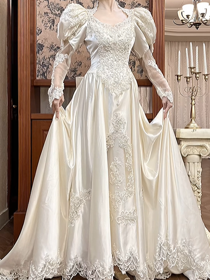 Ivory Vintage Satin Wedding Prom Dress, Square‑V Neck, Leg‑of‑Mutton Puff Sleeves, Lace Appliqués, A‑Line Scalloped Lace Long Train gh8673