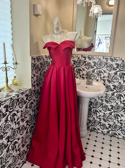 Red Satin Strapless Waist-Cinched Full Flared Skirt Sexy Romantic Dress, Wedding Gown gh7691