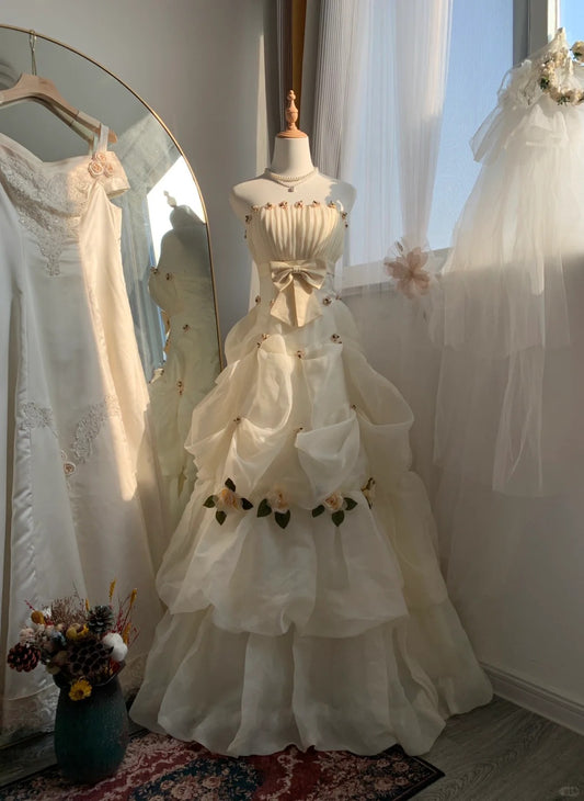 Elfenbeinweißes, geblümtes, langes, bodenlanges Tüll-Ballkleid, Abendkleid, Brautkleid gh4547