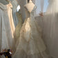 Elfenbeinweißes, geblümtes, langes, bodenlanges Tüll-Ballkleid, Abendkleid, Brautkleid gh4547